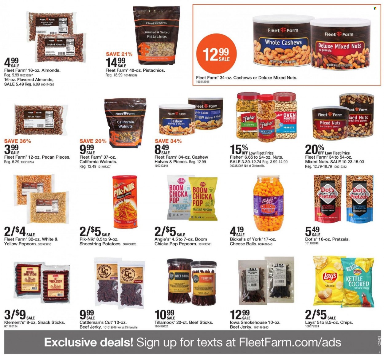 thumbnail - Fleet Farm Flyer - 10/15/2021 - 10/23/2021 - Sales products - pretzels, snack, chips, Lay’s, popcorn, almonds, cashews, walnuts, peanuts, pistachios, mixed nuts. Page 7.