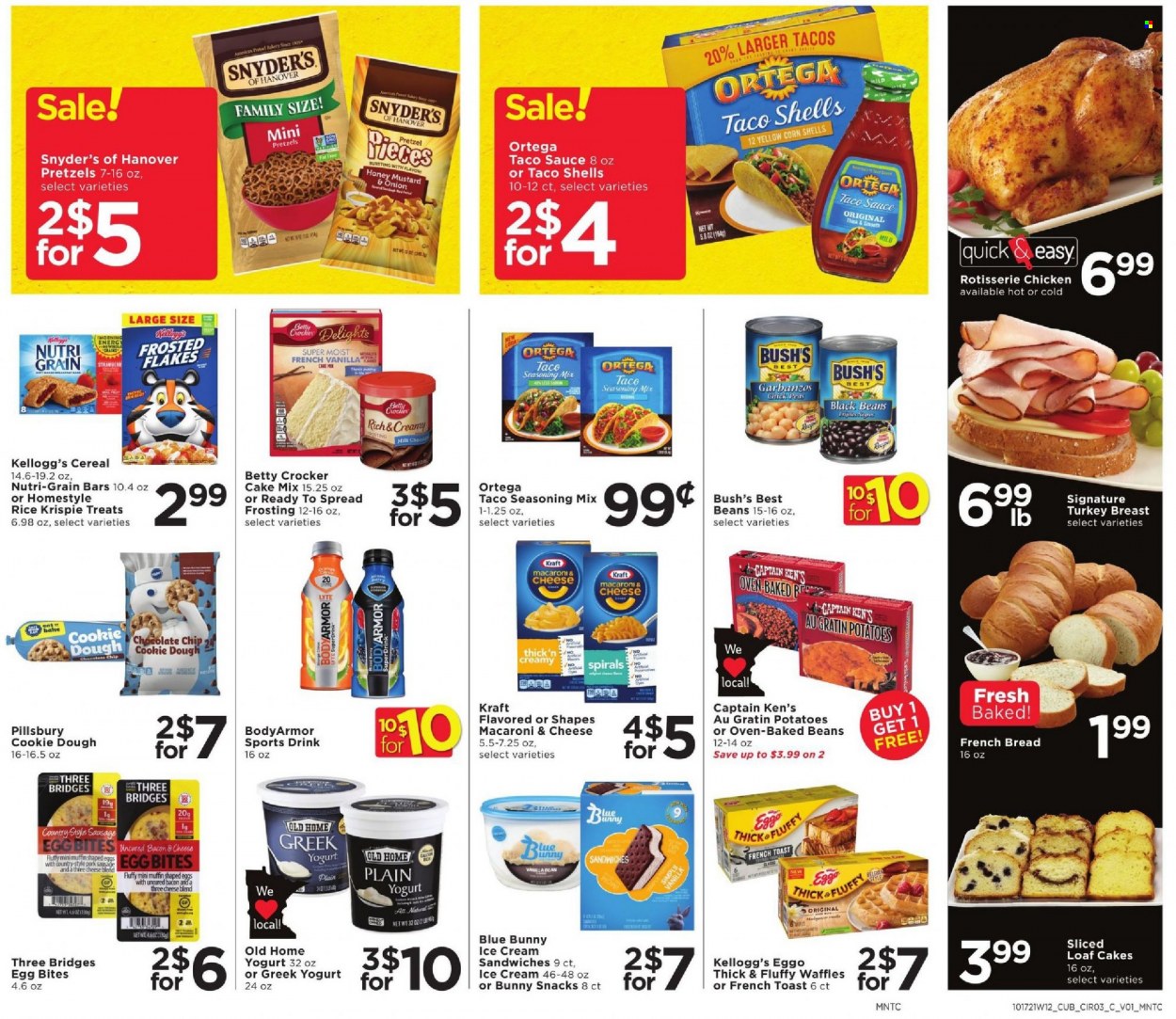 thumbnail - Cub Foods Flyer - 10/17/2021 - 10/23/2021 - Sales products - bread, pretzels, tacos, french bread, muffin, waffles, cake mix, beans, corn, potatoes, peas, macaroni & cheese, chicken roast, sauce, Pillsbury, Kraft®, bacon, sausage, greek yoghurt, yoghurt, eggs, ice cream, ice cream sandwich, Blue Bunny, cookie dough, chocolate chips, snack, Kellogg's, Nutri-Grain bars, frosting, black beans, baked beans, cereals, Frosted Flakes, Nutri-Grain, rice, spice, mustard, taco sauce, honey mustard. Page 3.