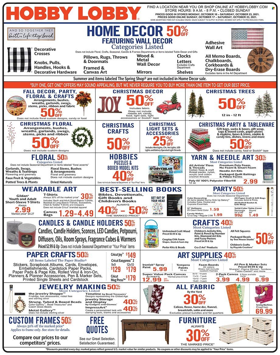 thumbnail - Hobby Lobby Flyer - 10/17/2021 - 10/23/2021 - Sales products - bag, sticker, boxed card, gift wrap, pen, envelope, paper, pencil, scrapbook, sketch pad, canvas, Sharpie, ribbon, napkins, linens, pillow, quilt, mirror, wall decor, christmas tree, christmas decor. Page 1.