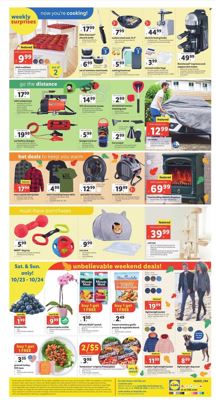 thumbnail - Lidl Flyer - 10/20/2021 - 10/26/2021 - Sales products - blueberries, pizza, sausage, pepperoni, rosemary, oil, fruit punch, cappuccino, L'Or, ground turkey, repellent, knife, vacuum sealer, cleaning tools, cutting board, wok, battery charger, chair pad, cushion, Nerf, pet bed, dog toy, cat tree, coffee machine, cappuccino maker, grinder, chair, coat, jacket, shirt, pump, toys, motorcycle, fan heater, fireplace, electric fireplace, air compressor, cord set, hammock, car battery, Shell. Page 2.