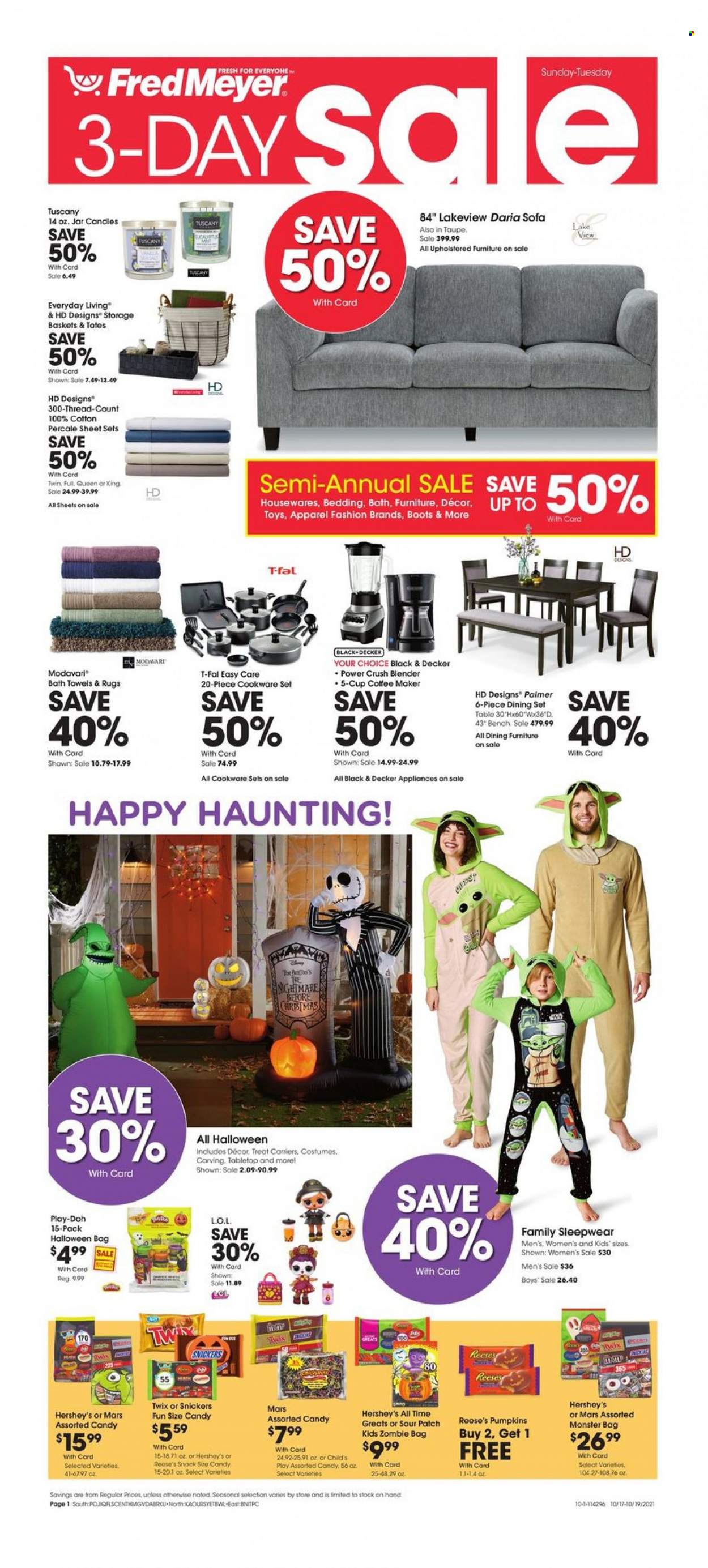 thumbnail - Fred Meyer Flyer - 10/17/2021 - 10/19/2021 - Sales products - boots, pumpkin, Reese's, Hershey's, Snickers, Twix, Mars, sour patch, Monster, bag, basket, cookware set, cup, candle, bedding, bath towel, towel, coffee machine, Black & Decker, blender, dining set, table, bench, sofa, tote, Halloween, costume, Play-doh, toys, Zombie, rug, sleepwear. Page 1.