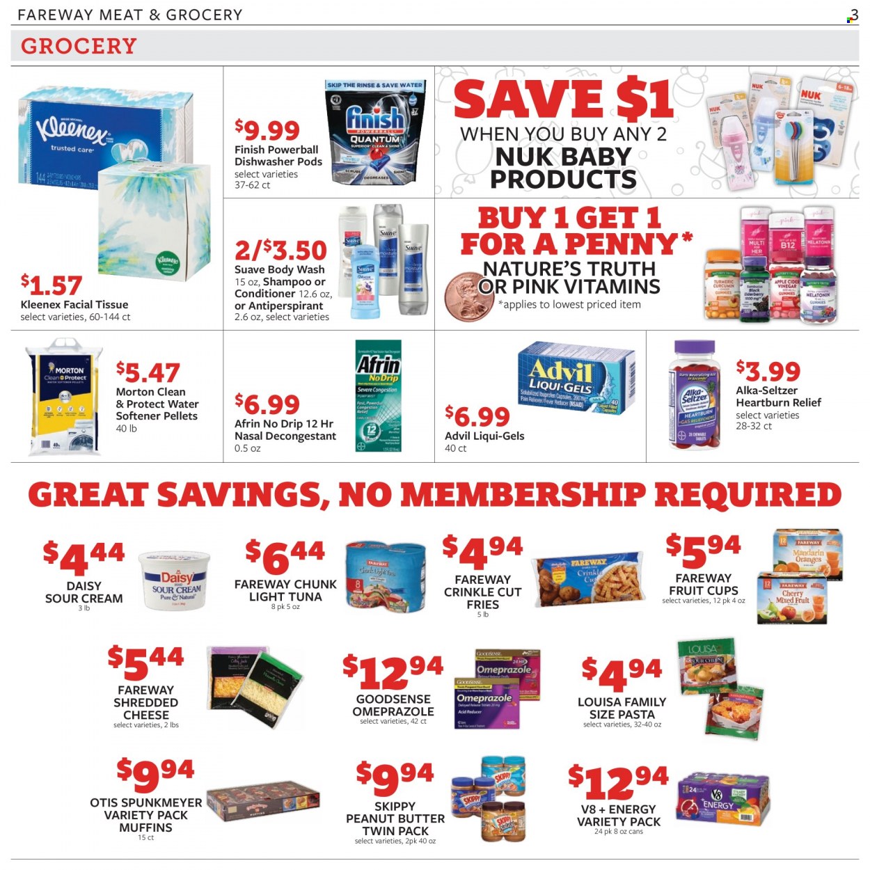 thumbnail - Fareway Flyer - 10/19/2021 - 10/25/2021 - Sales products - fruit cup, muffin, tuna, pasta, shredded cheese, sour cream, potato fries, light tuna, peanut butter, Nuk, Kleenex, tissues, fabric softener, Finish Powerball, body wash, shampoo, Suave, conditioner, anti-perspirant. Page 3.
