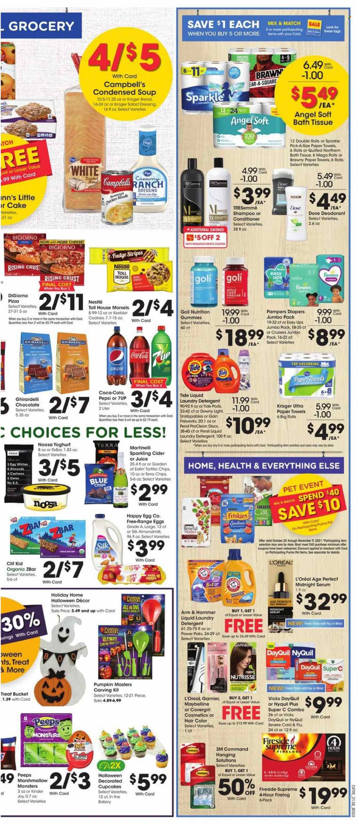 thumbnail - Baker's Flyer - 10/20/2021 - 10/26/2021 - Sales products - bread, cupcake, pumpkin, Campbell's, pizza, condensed soup, soup, instant soup, yoghurt, almond milk, Silk, eggs, cookies, fudge, marshmallows, Nestlé, chocolate, Kinder Joy, Ghirardelli, Keebler, Peeps, tortilla chips, chips, ARM & HAMMER, salad dressing, dressing, apple cider vinegar, Coca-Cola, Pepsi, juice, 7UP, sparkling cider, sparkling wine, cider, nappies, Dove, bath tissue, Quilted Northern, kitchen towels, paper towels, detergent, Gain, cleaner, Tide, Unstopables, Persil, laundry detergent, Gain Fireworks, shampoo, Garnier, L’Oréal, serum, conditioner, TRESemmé, hair color, anti-perspirant, deodorant, Vicks, Maybelline, Purina, Friskies, Halloween, DayQuil, Cold & Flu, NyQuil. Page 6.