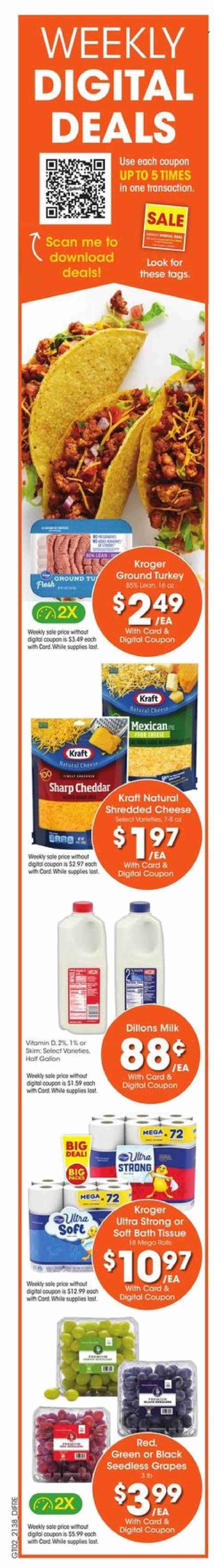 thumbnail - Baker's Flyer - 10/20/2021 - 10/26/2021 - Sales products - seedless grapes, grapes, Kraft®, shredded cheese, cheddar, milk, ground turkey, bath tissue. Page 14.