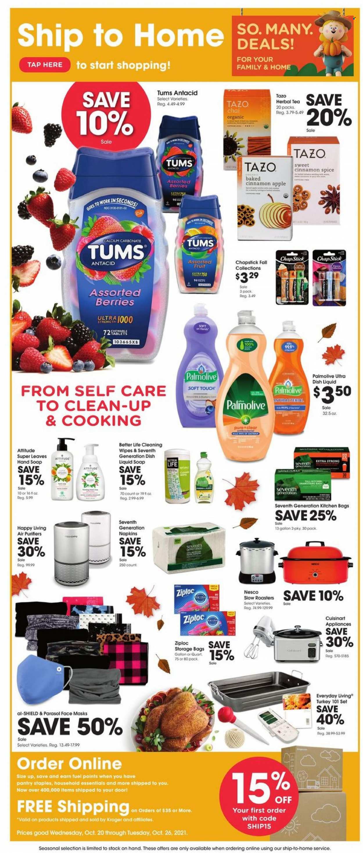 thumbnail - Baker's Flyer - 10/20/2021 - 10/26/2021 - Sales products - spice, cinnamon, cleansing wipes, wipes, napkins, dishwashing liquid, hand soap, Palmolive, soap, face mask, bag, Ziploc, storage bag, gallon, Cuisinart, Antacid. Page 1.