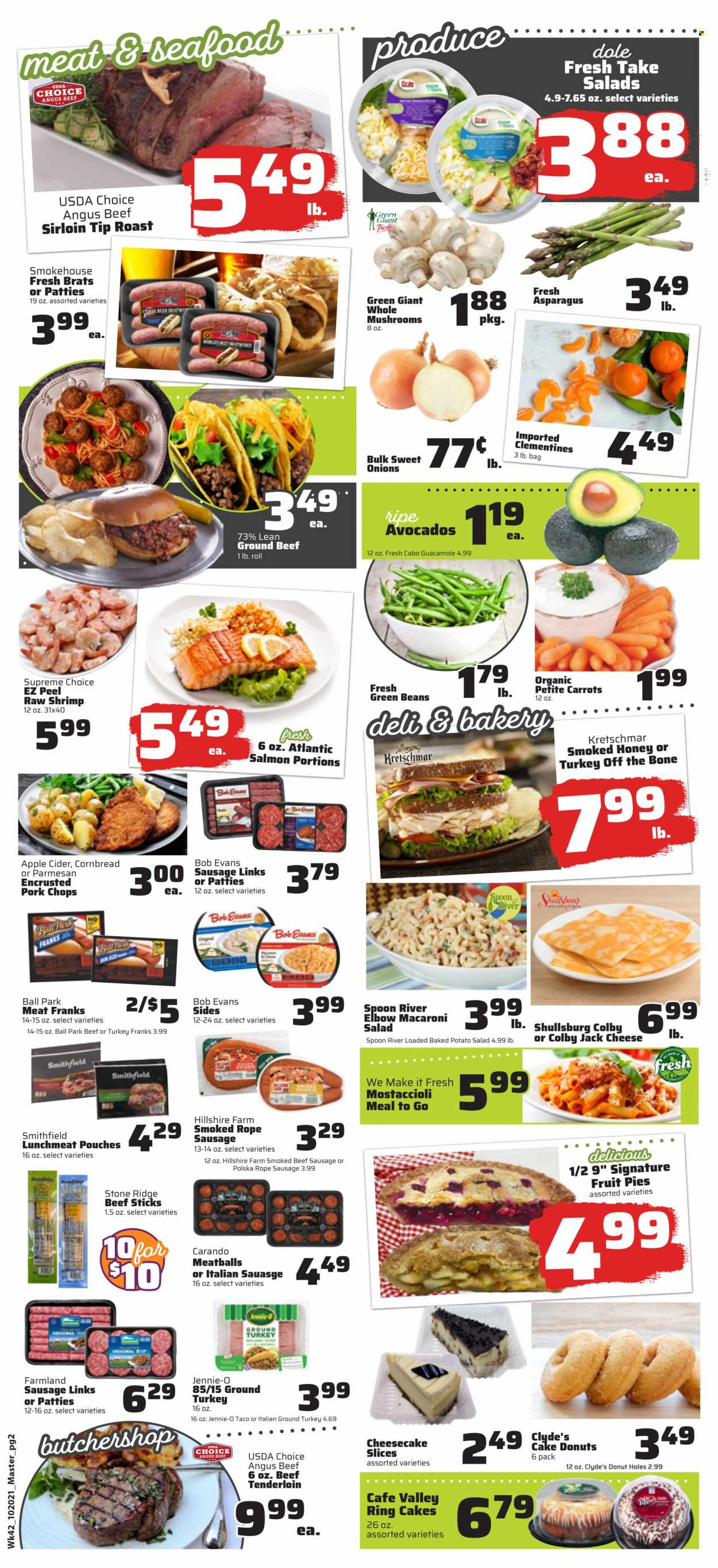 thumbnail - County Market Flyer - 10/20/2021 - 10/26/2021 - Sales products - mushrooms, cake, corn bread, donut holes, cheesecake, asparagus, beans, carrots, green beans, salad, Dole, salmon, seafood, shrimps, meatballs, Bob Evans, Hillshire Farm, sausage, beef sticks, guacamole, potato salad, macaroni salad, lunch meat, Colby cheese, parmesan, cheese, apple cider, cider, ground turkey, beef meat, beef sirloin, ground beef, beef tenderloin, pork chops, pork meat, clementines. Page 2.