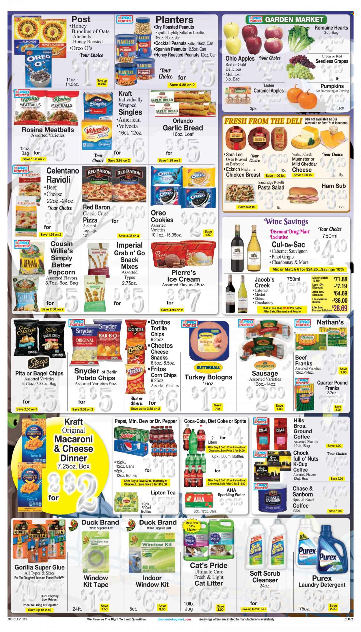 thumbnail - Discount Drug Mart Flyer - 10/20/2021 - 10/26/2021 - Sales products - seedless grapes, bagels, bread, Sara Lee, pumpkin, salad, apples, grapes, macaroni & cheese, ravioli, pizza, meatballs, pasta, Kraft®, Butterball, ham, bologna sausage, sausage, pasta salad, sandwich slices, Münster cheese, Kraft Singles, Oreo, ice cream, Red Baron, cookies, snack, Doritos, Fritos, tortilla chips, potato chips, Cheetos, chips, Thins, corn chips, popcorn, caramel, roasted peanuts, peanuts, Planters, Coca-Cola, Mountain Dew, Sprite, Pepsi, Lipton, Dr. Pepper, Diet Coke, sparkling water, tea, coffee, ground coffee, coffee capsules, K-Cups, Cabernet Sauvignon, red wine, white wine, Chardonnay, wine, Merlot, Jacob's Creek, Shiraz, Pinot Grigio, chicken breasts, detergent, laundry detergent, Rin, Purex, cleanser, glue, cat litter, Hill's, McIntosh. Page 2.