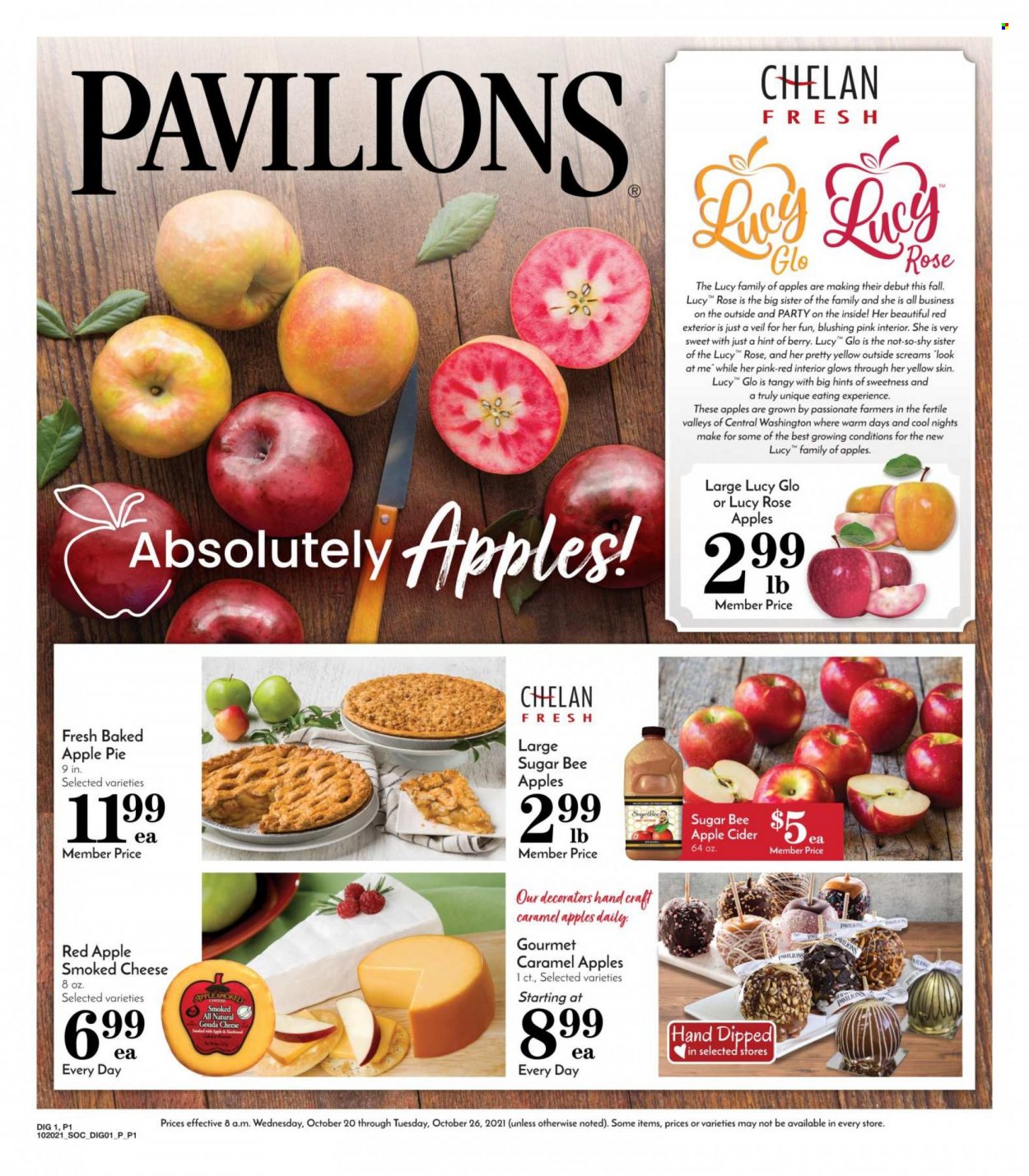 thumbnail - Pavilions Flyer - 10/20/2021 - 10/26/2021 - Sales products - pie, apple pie, gouda, cheese, sugar, caramel, wine, rosé wine, apple cider, cider, rose. Page 1.