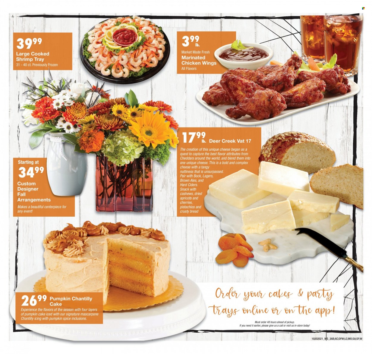 thumbnail - United Supermarkets Flyer - 10/20/2021 - 11/04/2021 - Sales products - bread, cake, apricots, chicken wings, marinated chicken, shrimps, mascarpone, cheese, spice, cashews, dried fruit, pistachios, tray. Page 3.