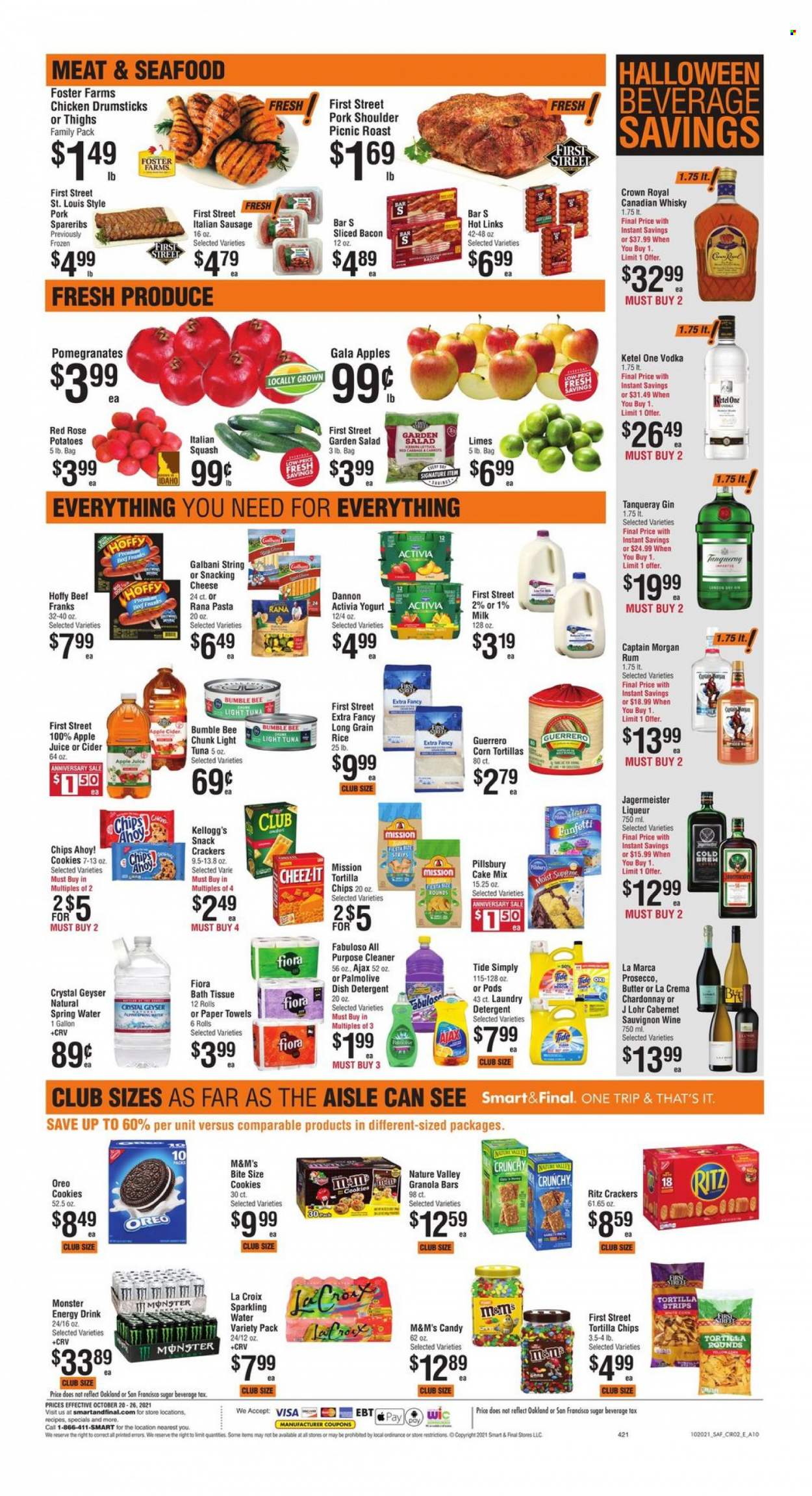 thumbnail - Smart & Final Flyer - 10/20/2021 - 10/26/2021 - Sales products - corn tortillas, cake mix, potatoes, salad, Gala, limes, tuna, seafood, pasta, Bumble Bee, Pillsbury, Rana, bacon, sausage, italian sausage, cheese, Galbani, Oreo, yoghurt, Activia, Dannon, milk, butter, cookies, snack, M&M's, crackers, Kellogg's, Chips Ahoy!, RITZ, tortilla chips, Cheez-It, sugar, light tuna, granola bar, Nature Valley, rice, long grain rice, apple juice, juice, energy drink, Monster, Monster Energy, spring water, sparkling water, Cabernet Sauvignon, white wine, prosecco, Chardonnay, wine, apple cider, canadian whisky, Captain Morgan, gin, liqueur, rum, vodka, Jägermeister, whisky, cider, chicken drumsticks, pork meat, pork shoulder, pork spare ribs, bath tissue, kitchen towels, paper towels, Tide, laundry detergent, Fabuloso, pomegranate. Page 2.