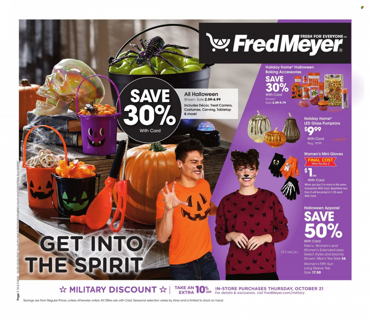 thumbnail - Fred Meyer Flyer - 10/20/2021 - 10/26/2021 - Sales products - pumpkin, baking accessories, Halloween, costume, long-sleeve tee, t-shirt. Page 1.