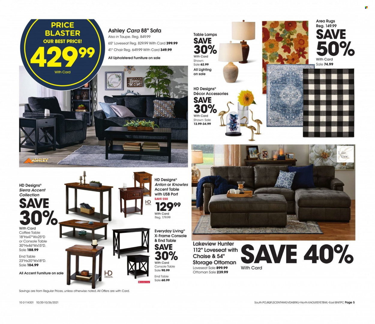 thumbnail - Fred Meyer Flyer - 10/20/2021 - 10/26/2021 - Sales products - chair, loveseat, sofa, coffee table, end table, Hunter, rug, area rug. Page 5.
