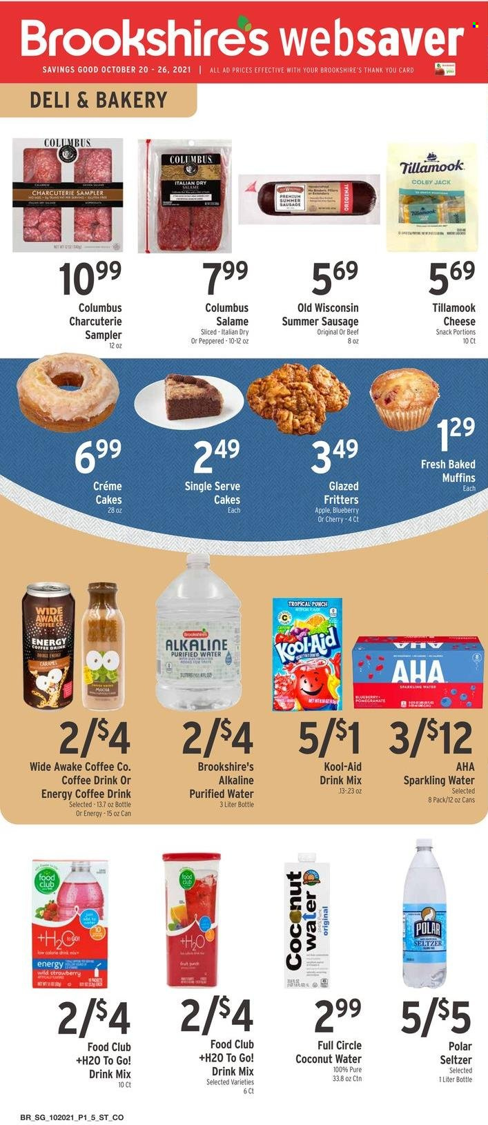 thumbnail - Brookshires Flyer - 10/20/2021 - 10/26/2021 - Sales products - cake, muffin, sausage, summer sausage, Colby cheese, cheese, snack, coconut water, fruit punch, seltzer water, sparkling water, purified water, coffee. Page 1.
