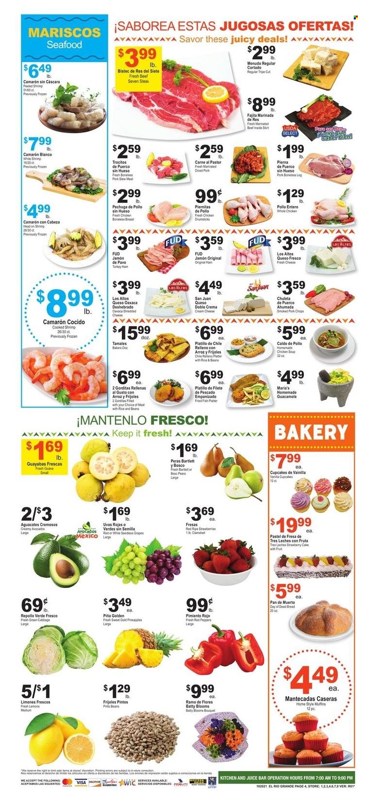 thumbnail - El Rio Grande Flyer - 10/20/2021 - 10/26/2021 - Sales products - stew meat, bread, cake, cupcake, beans, cabbage, peppers, red peppers, grapes, guava, pears, seafood, fish, shrimps, fried fish, soup, fajita, guacamole, cream cheese, cheese, whole chicken, chicken drumsticks, steak, pork chops, pork meat, lemons. Page 4.