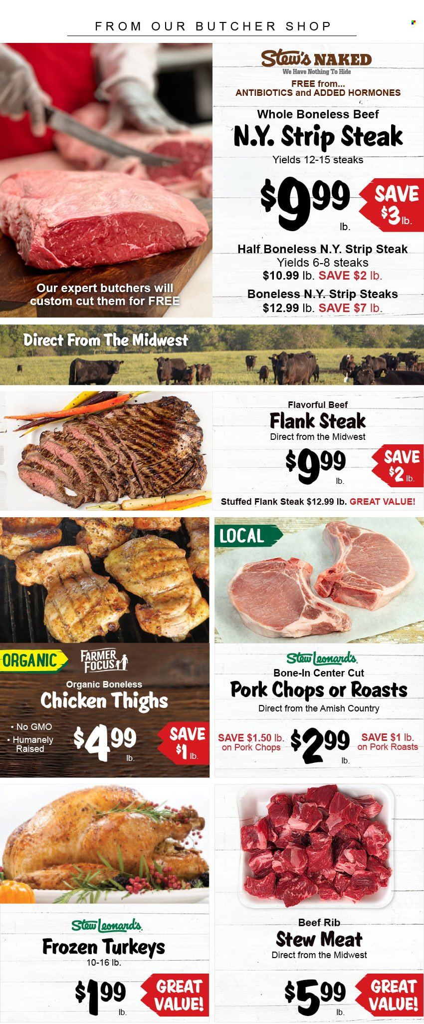 thumbnail - Stew Leonard's Flyer - 10/20/2021 - 10/26/2021 - Sales products - stew meat, chicken thighs, beef meat, steak, striploin steak, flank steak, pork chops, pork meat. Page 1.
