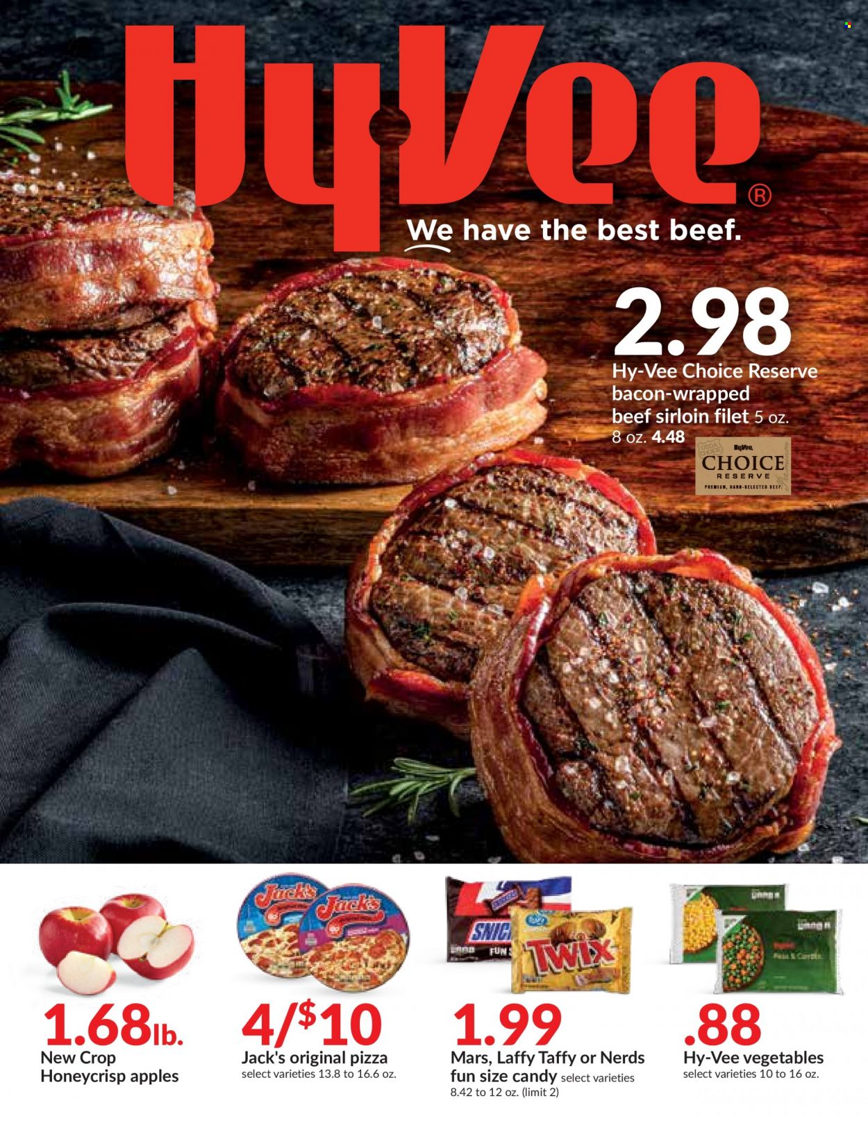 thumbnail - Hy-Vee Flyer - 10/20/2021 - 10/26/2021 - Sales products - apples, pizza, bacon, Twix, Mars, beef meat, beef sirloin, sirloin steak. Page 1.