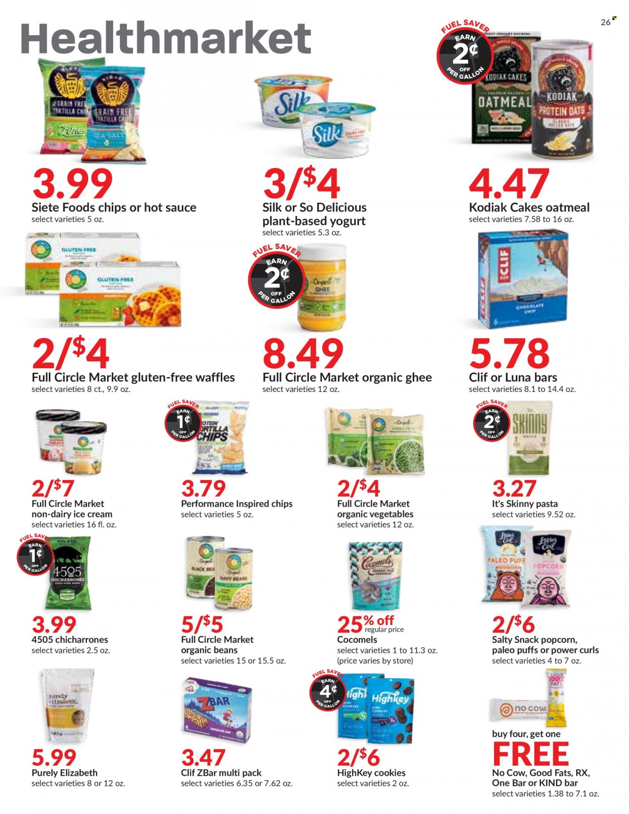 thumbnail - Hy-Vee Flyer - 10/20/2021 - 10/26/2021 - Sales products - cake, puffs, waffles, beans, pasta, sauce, yoghurt, Silk, ghee, ice cream, cookies, snack, chips, popcorn, oatmeal, hot sauce. Page 26.