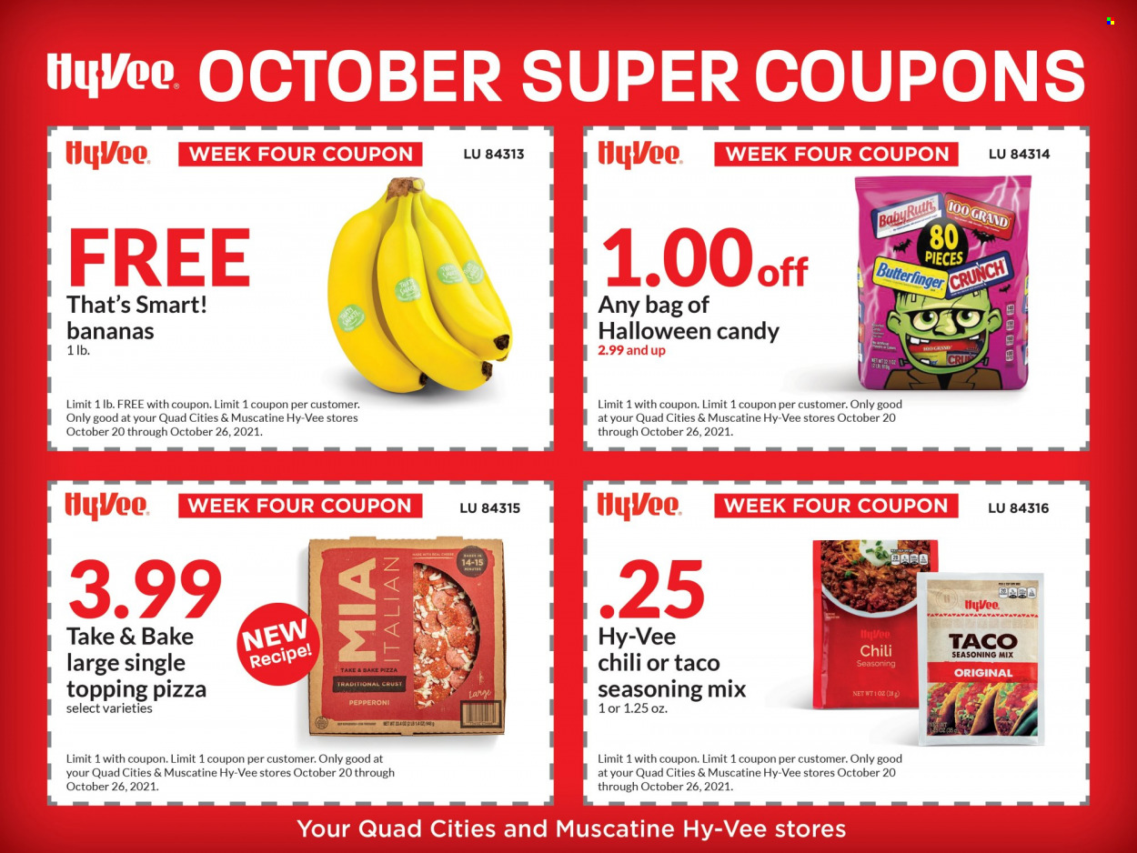 thumbnail - Hy-Vee Flyer - 10/20/2021 - 10/25/2021 - Sales products - bananas, pizza, pepperoni, topping, spice, Halloween. Page 1.