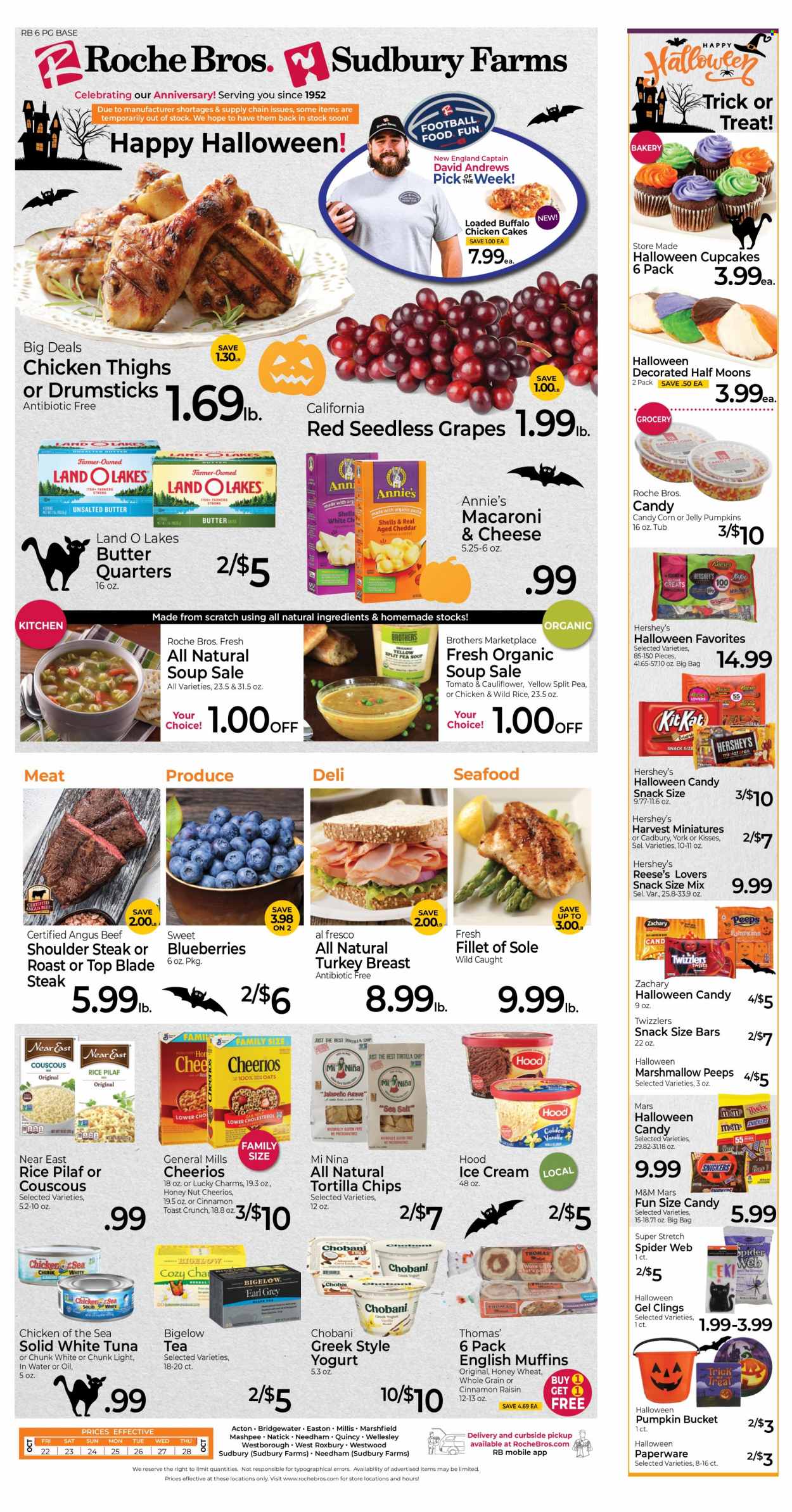 thumbnail - Roche Bros. Flyer - 10/22/2021 - 10/28/2021 - Sales products - seedless grapes, english muffins, cupcake, corn, grapes, tuna, seafood, macaroni & cheese, soup, Annie's, yoghurt, Chobani, butter, Reese's, Hershey's, marshmallows, snack, Mars, jelly, M&M's, Cadbury, Peeps, tortilla chips, chips, Chicken of the Sea, Cheerios, couscous, tea, turkey breast, chicken thighs, beef meat, steak, top blade. Page 1.