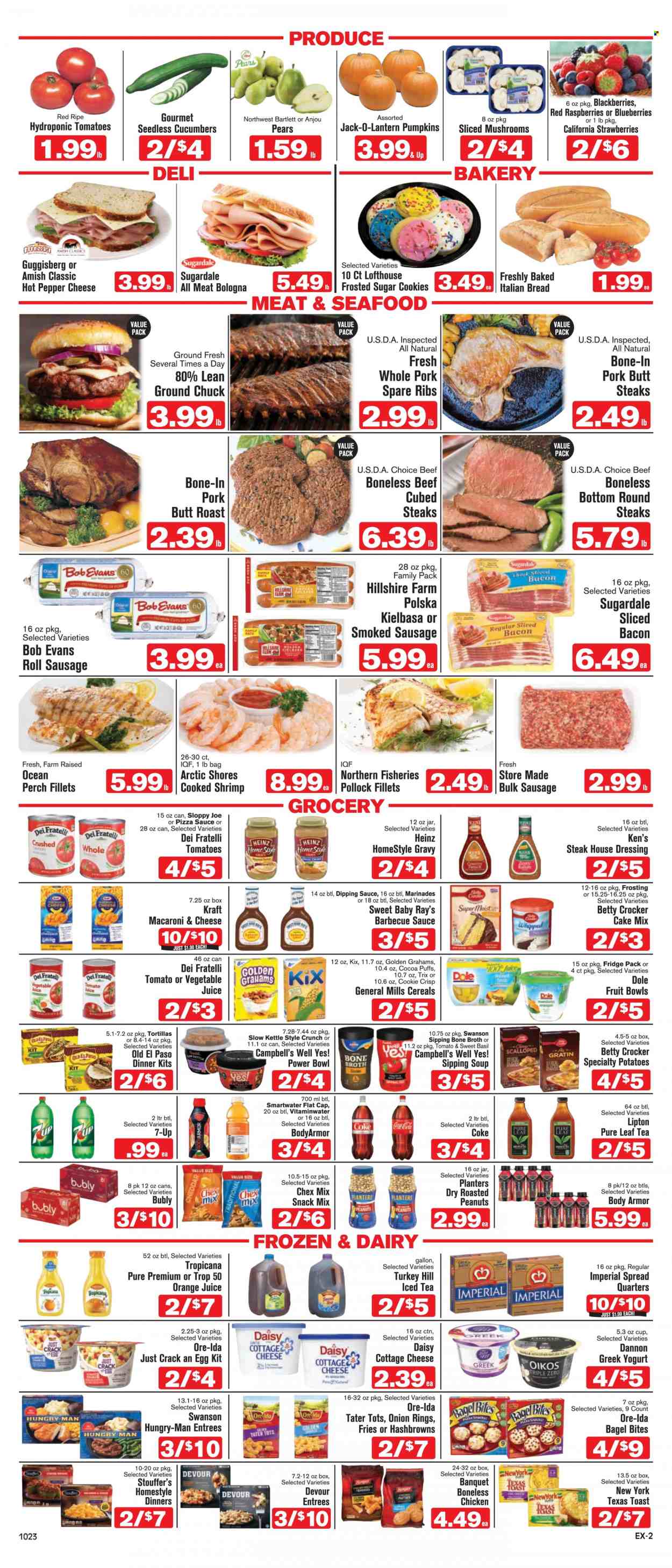 thumbnail - Shop ‘n Save Express Flyer - 10/23/2021 - 10/29/2021 - Sales products - bagels, bread, tortillas, Old El Paso, puffs, cake mix, cucumber, potatoes, pumpkin, Dole, blackberries, blueberries, strawberries, pears, ground chuck, steak, Bob Evans, pork meat, pork ribs, pork spare ribs, pollock, perch, seafood, shrimps, Arctic Shores, Campbell's, macaroni & cheese, onion rings, soup, dinner kit, Kraft®, Sugardale, bacon, Hillshire Farm, bulk sausage, sausage, smoked sausage, kielbasa, cottage cheese, greek yoghurt, yoghurt, Oikos, Dannon, Devour, Stouffer's, hash browns, potato fries, Ore-Ida, tater tots, cookies, snack, Chex Mix, frosting, broth, Heinz, cereals, Trix, esponja, BBQ sauce, homestyle gravy, dressing, roasted peanuts, peanuts, Planters, Coca-Cola, orange juice, juice, Body Armor, Lipton, ice tea, 7UP, vegetable juice, Smartwater, Pure Leaf, beef bone. Page 2.
