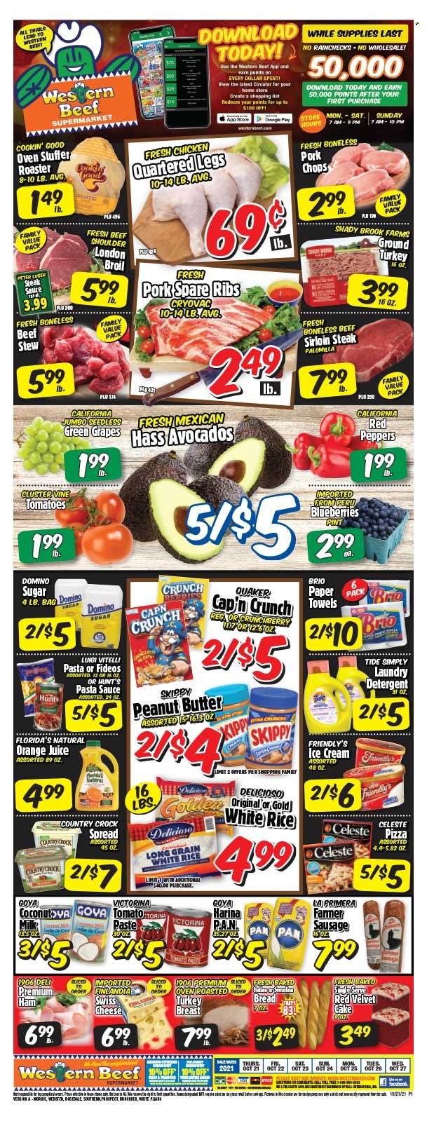 thumbnail - Western Beef Flyer - 10/21/2021 - 10/27/2021 - Sales products - bread, cake, peppers, red peppers, blueberries, grapes, ground turkey, beef meat, beef sirloin, steak, sirloin steak, pork chops, pork meat, pork ribs, pork spare ribs, pizza, pasta sauce, sauce, Quaker, ham, swiss cheese, ice cream, Friendly's Ice Cream, Celeste, Florida's Natural, sugar, Goya, Cap'n Crunch, rice, white rice, steak sauce, peanut butter, orange juice, juice, detergent, Tide, laundry detergent. Page 1.