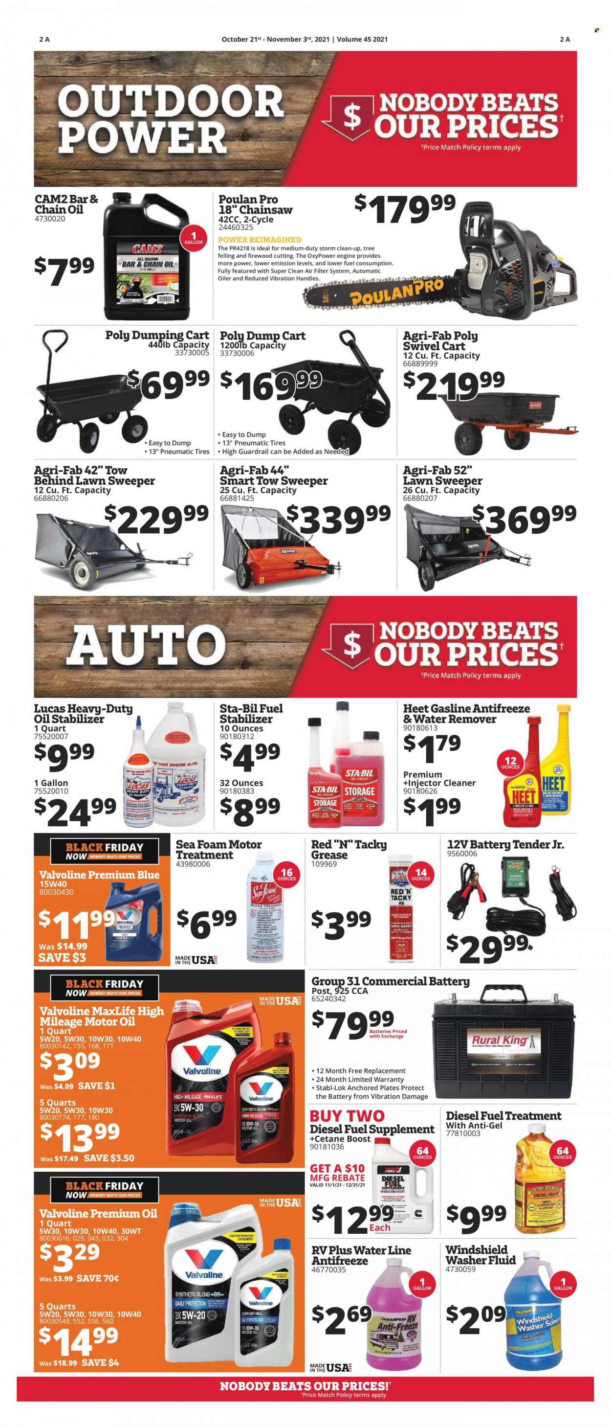 thumbnail - Rural King Flyer - 10/21/2021 - 11/03/2021 - Sales products - oil, Boost, Fab, plate, battery, battery tender, chain saw, cart, air filter, Lucas, injector cleaner, cleaner, antifreeze, washer fluid, water remover, fuel stabilizer, motor oil, fuel supplement, Valvoline, tires. Page 2.