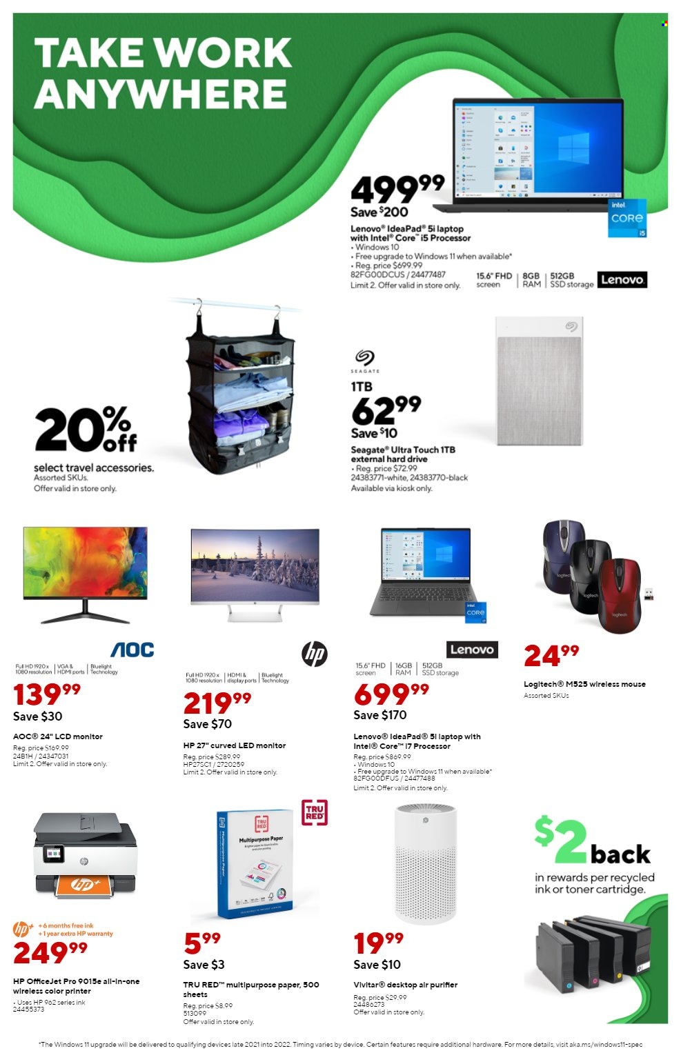 thumbnail - Staples Flyer - 10/24/2021 - 10/30/2021 - Sales products - Intel, Lenovo, Hewlett Packard, laptop, Seagate, hard disk, mouse, monitor, printer, HP OfficeJet, toner, cartridge. Page 1.