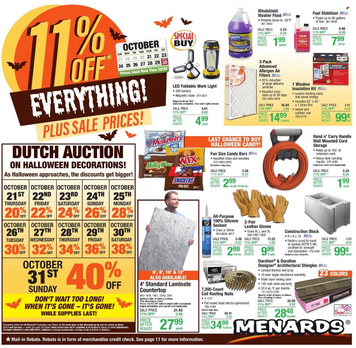 thumbnail - Menards Flyer - 10/21/2021 - 10/30/2021 - Sales products - gallon, cabinet, Halloween, work light, construction block, roofing, shingle, extension cord, air filter, washer fluid, fuel stabilizer. Page 1.