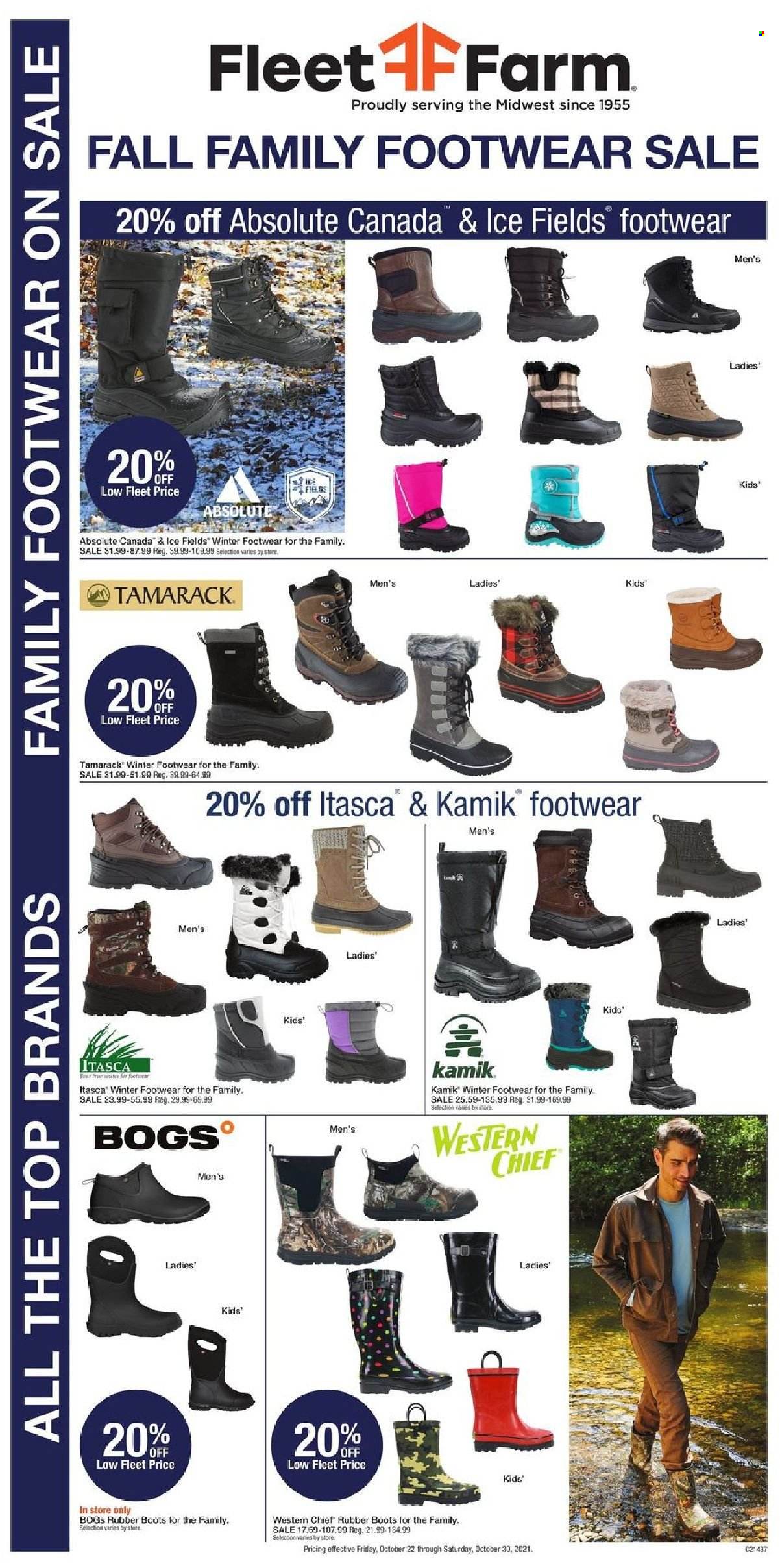 thumbnail - Fleet Farm Flyer - 10/22/2021 - 10/30/2021 - Sales products - boots, Itasca, Absolute, eraser, rubber boots. Page 1.