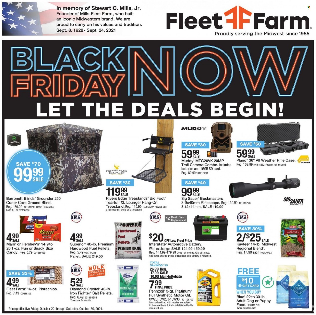 thumbnail - Fleet Farm Flyer - 10/22/2021 - 10/30/2021 - Sales products - Mars, Reese's, Hershey's, oil, pistachios, Kaytee, memory card, camera, trail cam, riflescope, SIG Sauer, hub blind, motor oil, Pennzoil. Page 1.