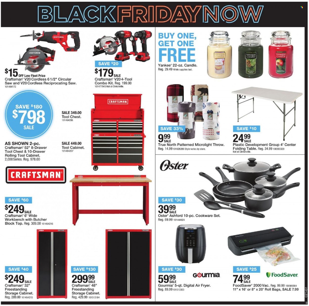 thumbnail - Fleet Farm Flyer - 10/22/2021 - 10/30/2021 - Sales products - bag, cookware set, candle, Yankee Candle, Craftsman, circular saw, saw, reciprocating saw, combo kit, tool chest, cabinet, table, work bench, folding table, tool cabinets. Page 3.
