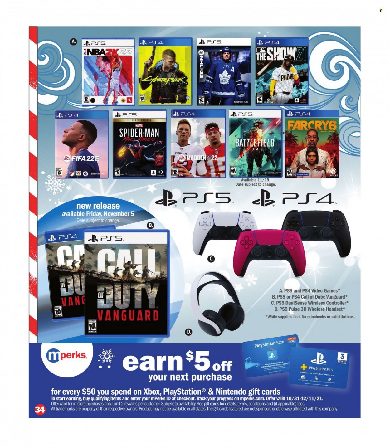 thumbnail - Meijer Flyer - 10/31/2021 - 12/24/2021 - Sales products - wireless controller, PlayStation, Xbox, PlayStation 4, PlayStation Plus, PlayStation 5, headset. Page 34.