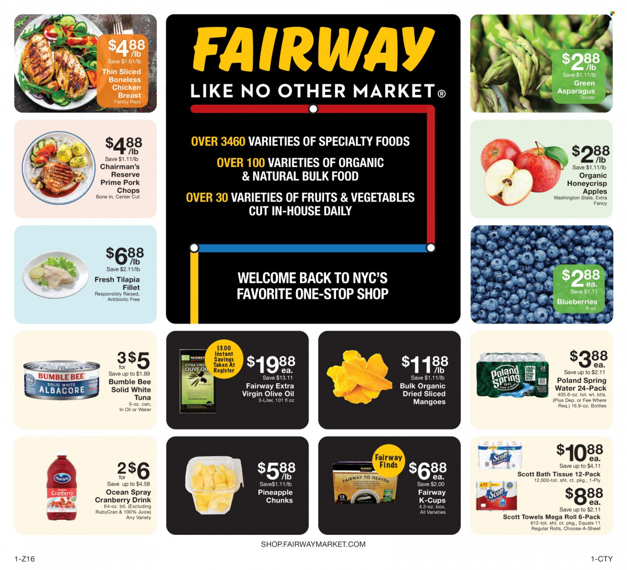 thumbnail - Fairway Market Flyer - 10/22/2021 - 10/28/2021 - Sales products - asparagus, apples, blueberries, pineapple, tilapia, tuna, Bumble Bee, extra virgin olive oil, olive oil, juice, spring water, coffee capsules, K-Cups, chicken breasts, pork chops, pork meat. Page 1.