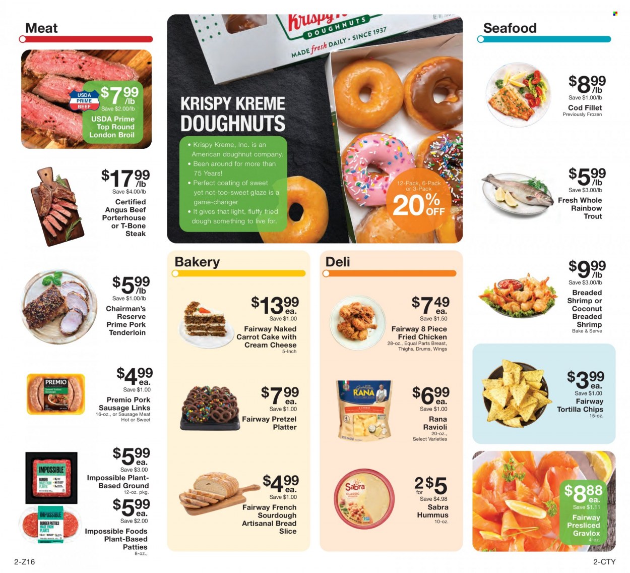 thumbnail - Fairway Market Flyer - 10/22/2021 - 10/28/2021 - Sales products - bread, pretzels, cake, donut, cod, trout, seafood, shrimps, ravioli, fried chicken, Rana, sausage, pork sausage, hummus, cheese, tortilla chips, beef meat, t-bone steak, steak, sausage meat, pork meat, pork tenderloin. Page 2.