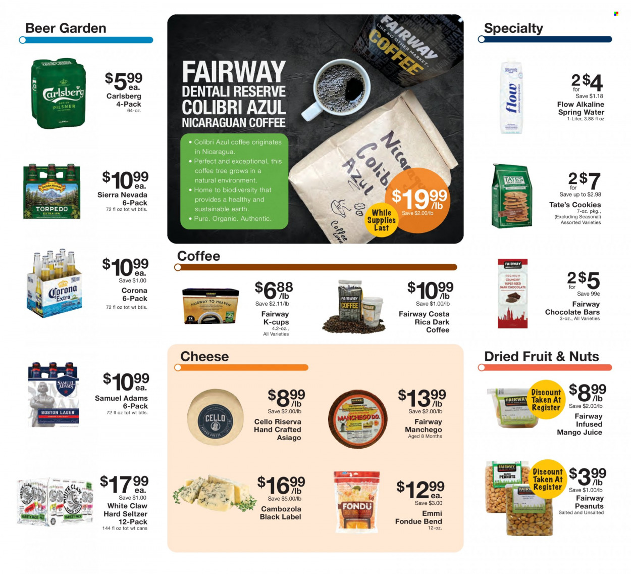 thumbnail - Fairway Market Flyer - 10/22/2021 - 10/28/2021 - Sales products - asiago, Manchego, cheese, cookies, chocolate bar, peanuts, dried fruit, juice, spring water, coffee, coffee capsules, K-Cups, White Claw, Hard Seltzer, beer, Corona Extra, Carlsberg. Page 3.