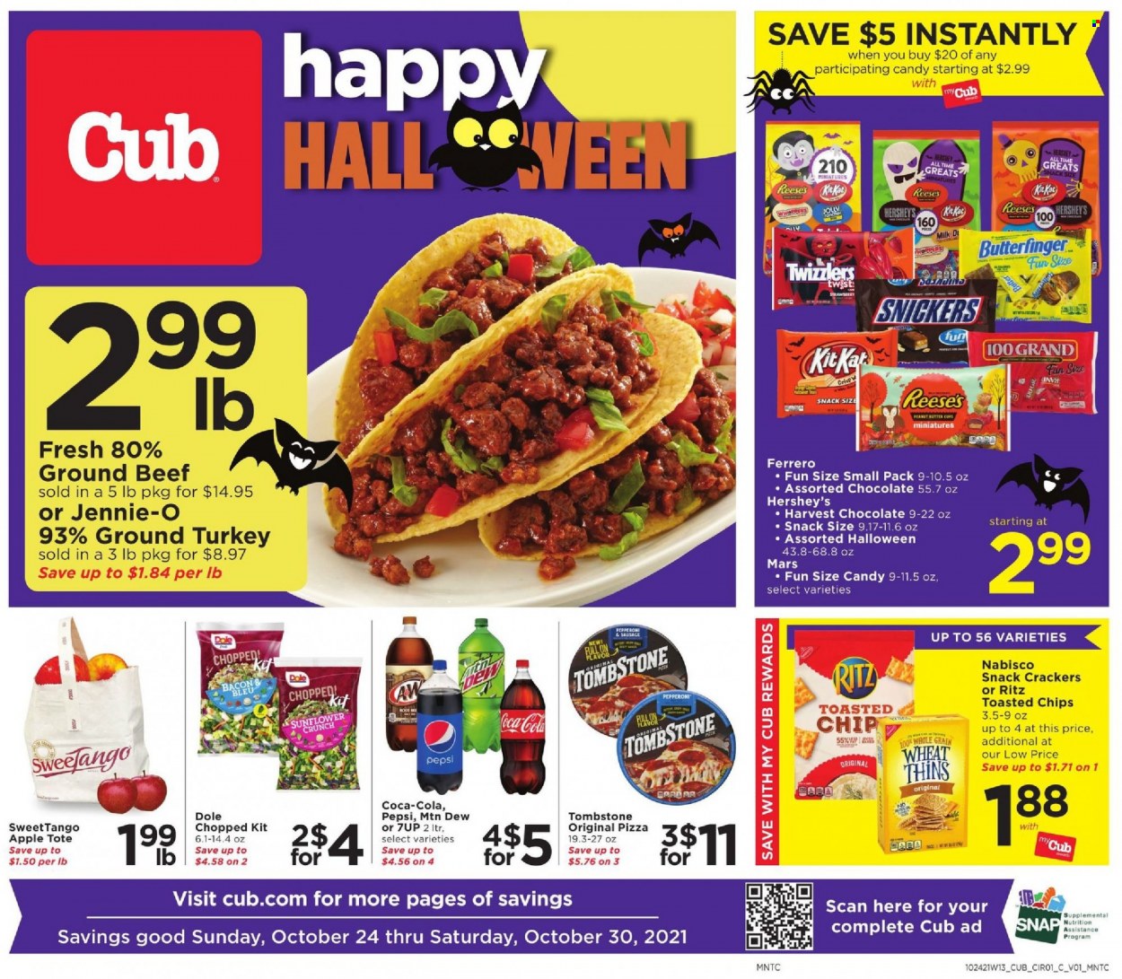 thumbnail - Cub Foods Flyer - 10/24/2021 - 10/30/2021 - Sales products - Dole, pizza, bacon, pepperoni, milk, Reese's, Hershey's, chocolate, snack, Ferrero Rocher, Snickers, Mars, crackers, RITZ, chips, Thins, Coca-Cola, Mountain Dew, Pepsi, 7UP, ground turkey, beef meat, ground beef. Page 1.