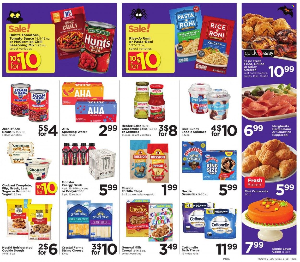 thumbnail - Cub Foods Flyer - 10/24/2021 - 10/30/2021 - Sales products - cake, croissant, beans, grapefruits, oranges, sandwich, sauce, salami, pepperoni, guacamole, string cheese, cheese, greek yoghurt, yoghurt, probiotic yoghurt, Chobani, Blue Bunny, strips, cookie dough, Nestlé, tortilla chips, chips, chicken broth, broth, tomato sauce, kidney beans, cereals, Cheerios, rice, spice, cinnamon, salsa, energy drink, Monster, sparkling water, bath tissue, Cottonelle, pomegranate. Page 3.