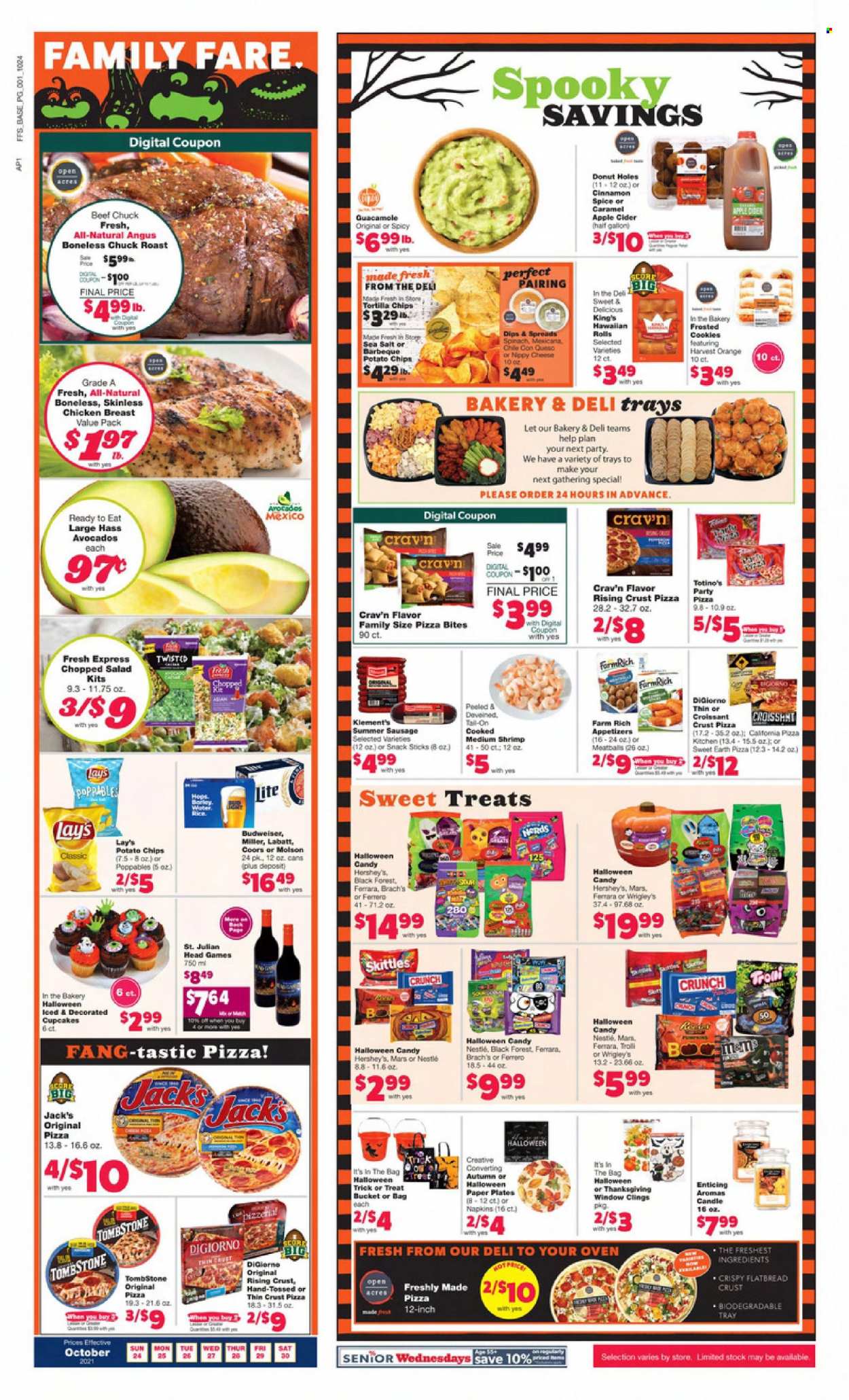 thumbnail - Family Fare Flyer - 10/24/2021 - 10/30/2021 - Sales products - croissant, flatbread, cupcake, donut holes, chopped salad, oranges, shrimps, sausage, summer sausage, guacamole, Hershey's, cookies, Nestlé, Trolli, Ferrero Rocher, Mars, Skittles, tortilla chips, potato chips, chips, Lay’s, Tastic, spice, cinnamon, apple cider, cider, beer, Miller, chicken breasts, beef meat, chuck roast, napkins, plate, paper, candle, paper plate, Budweiser, Coors. Page 1.