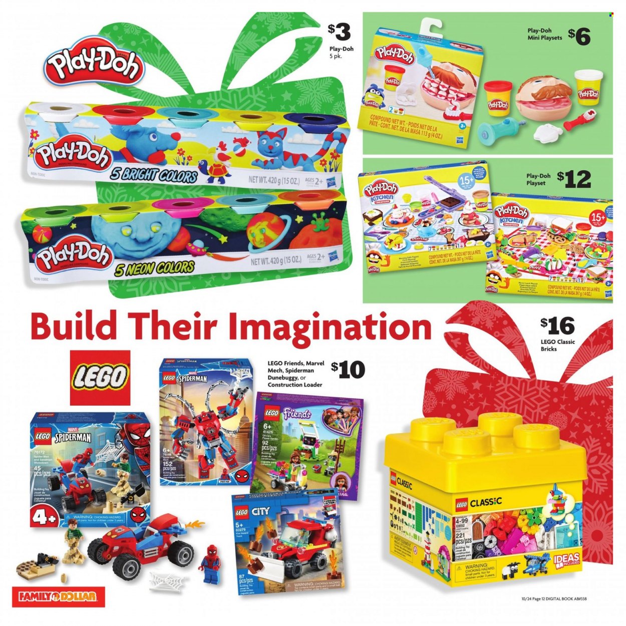 thumbnail - Family Dollar Flyer - 10/24/2021 - 12/25/2021 - Sales products - Spiderman, book, LEGO, LEGO City, LEGO Friends, play set, Play-doh, toys, LEGO Classic. Page 13.