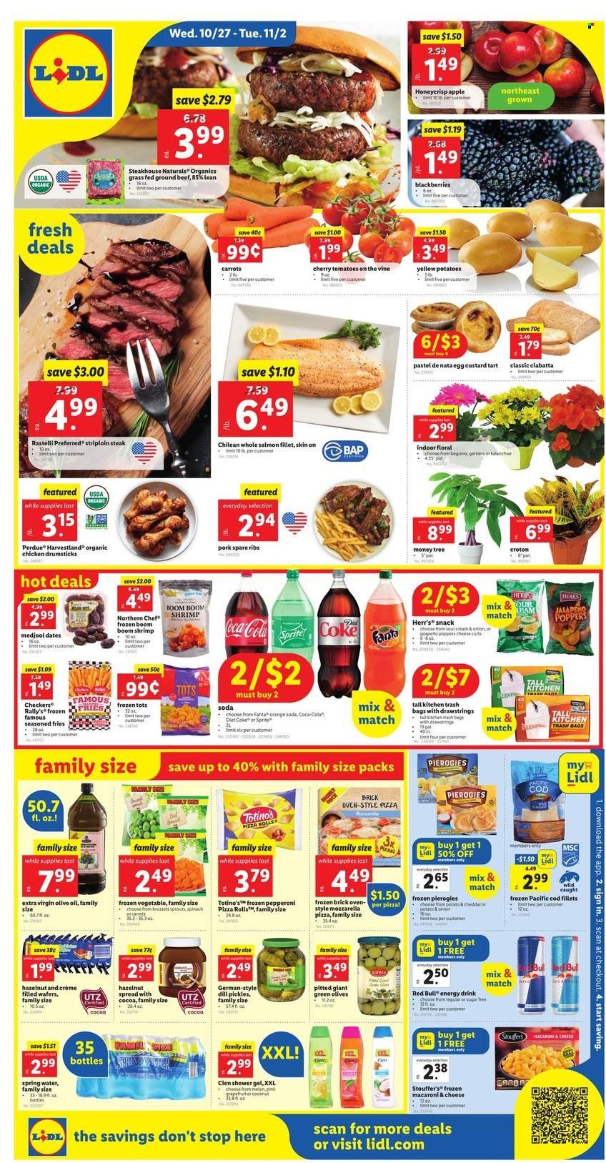 thumbnail - Lidl Flyer - 10/27/2021 - 11/02/2021 - Sales products - ciabatta, pizza rolls, tart, carrots, potatoes, jalapeño, brussel sprouts, blackberries, oranges, cod, salmon, salmon fillet, shrimps, macaroni & cheese, pizza, Perdue®, pepperoni, eggs, sour cream, Stouffer's, potato fries, wafers, snack, olives, dill, extra virgin olive oil, olive oil, hazelnut spread, dried dates, Coca-Cola, Sprite, Fanta, energy drink, Diet Coke, Red Bull, spring water, soda, chicken drumsticks, beef meat, ground beef, steak, striploin steak, pork meat, pork ribs, pork spare ribs, shower gel, trash bags, pot, gerbera, begonia, melons. Page 1.