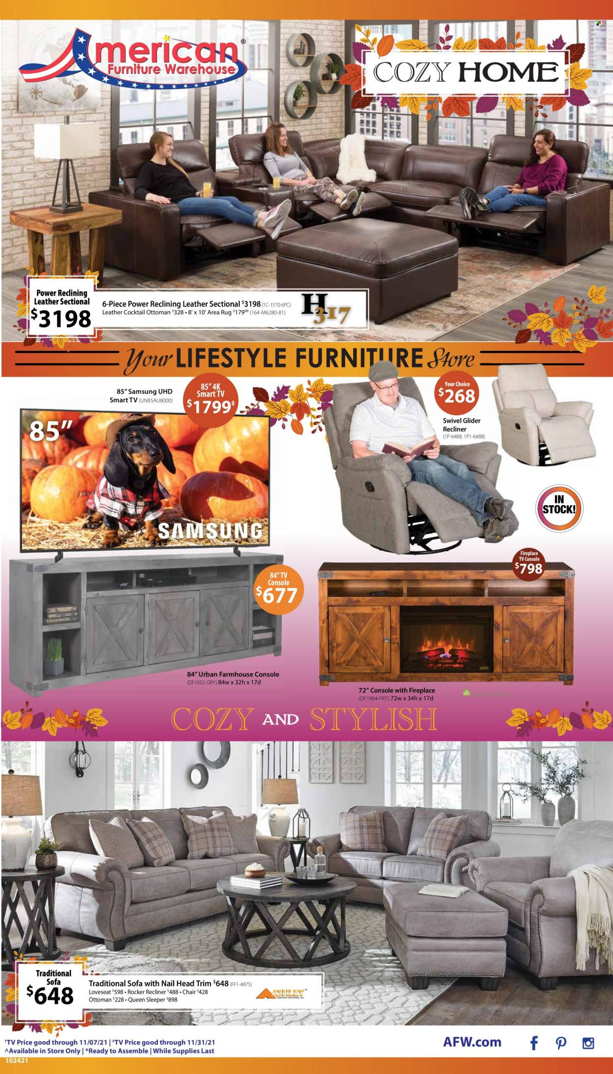 thumbnail - American Furniture Warehouse Flyer - 10/24/2021 - 10/31/2021 - Sales products - chair, loveseat, sofa, recliner chair, tv console, ottoman, rug, area rug. Page 1.