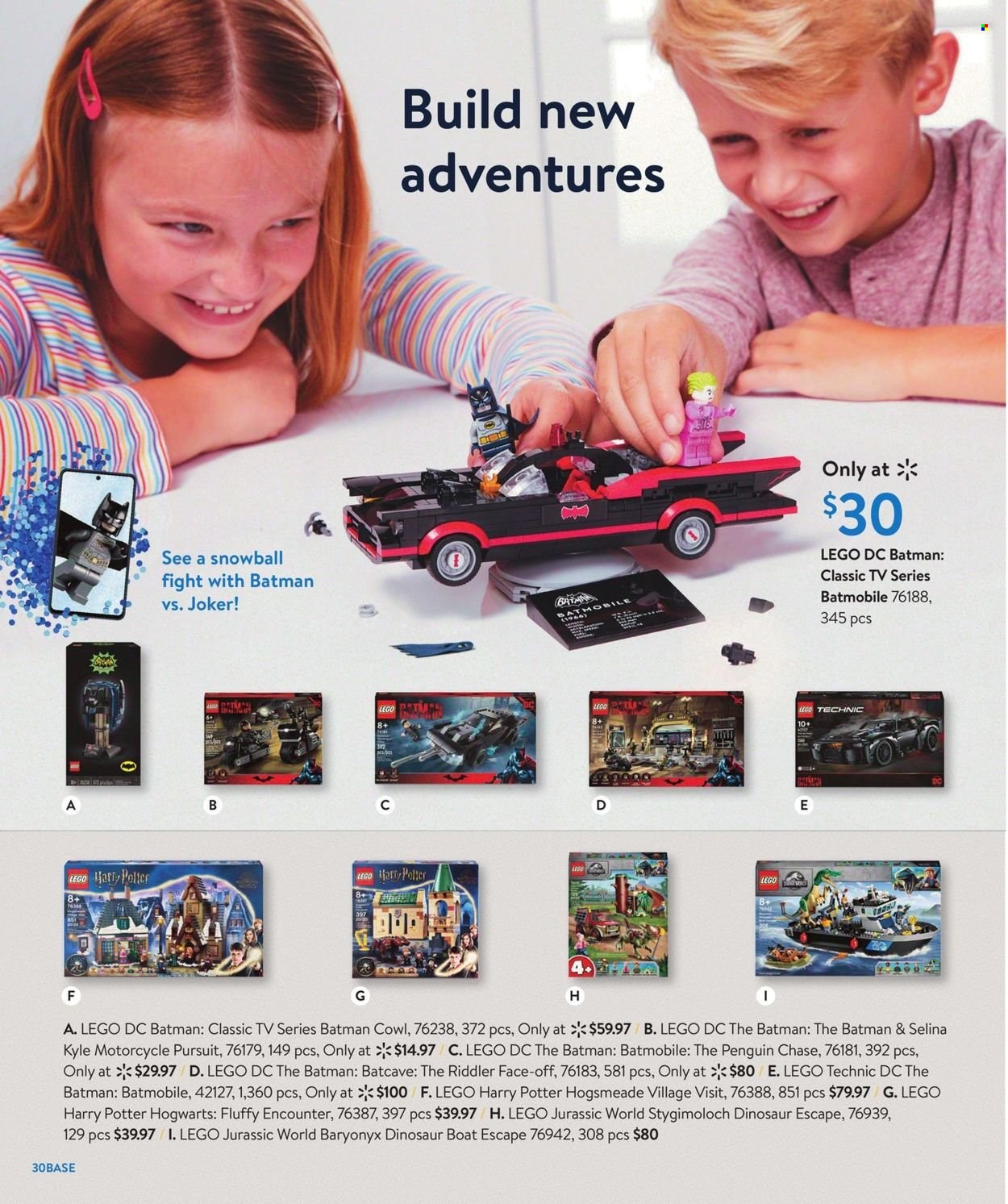 thumbnail - Walmart Flyer - 10/23/2021 - 12/24/2021 - Sales products - Batman, Harry Potter, Hogwarts, boat, LEGO, LEGO Harry Potter, LEGO Jurassic World, penguin, dinosaur, LEGO Technic, motorcycle. Page 30.