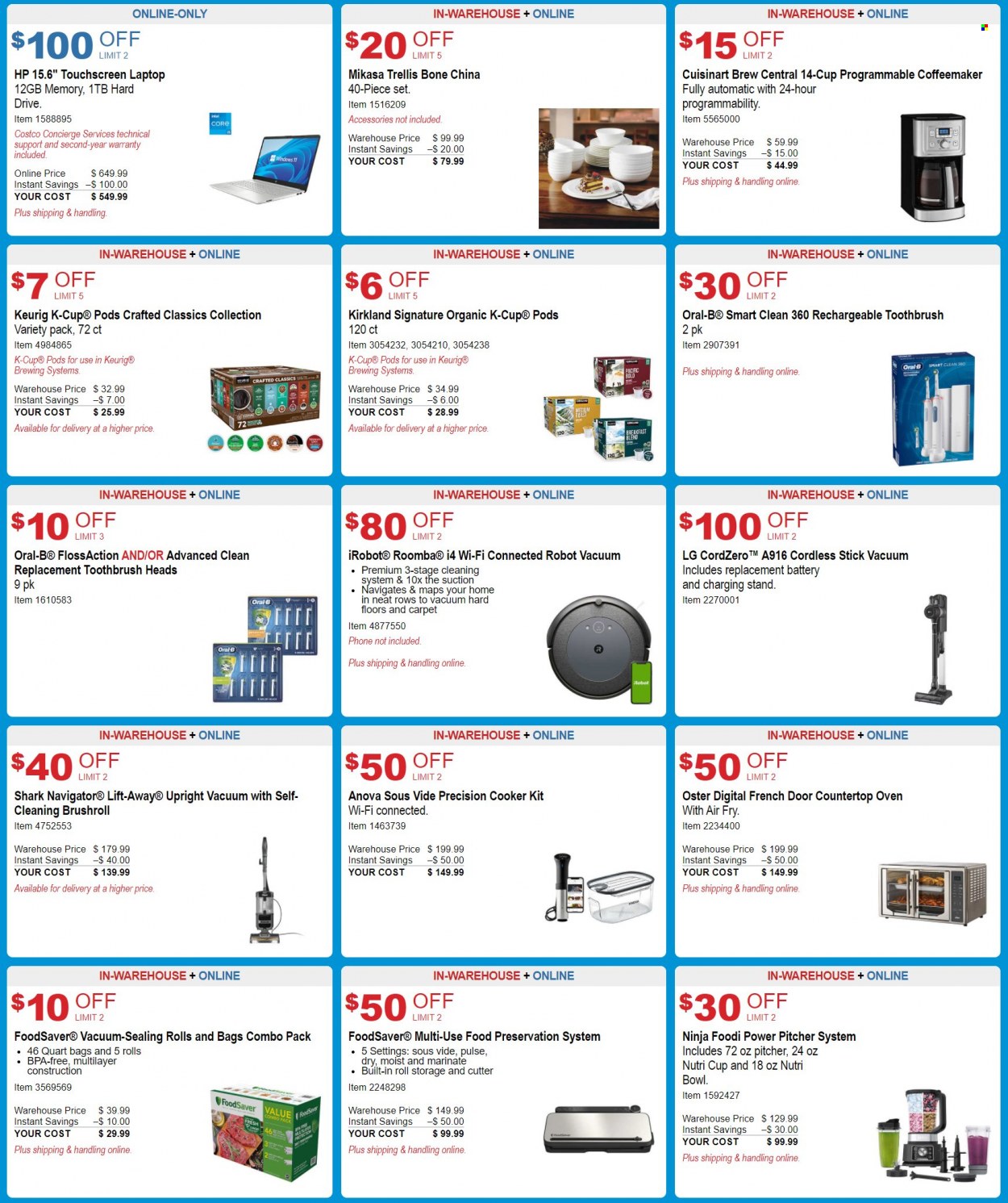 thumbnail - Costco Flyer - 10/27/2021 - 11/21/2021 - Sales products - LG, Intel, Hewlett Packard, coffee capsules, K-Cups, Keurig, breakfast blend, toothbrush, Oral-B, pitcher, bowl, Cuisinart, cutter, phone, charging stand, laptop, touchscreen laptop, hard disk, gps navigation, oven, Roomba, iRobot, robot vacuum, Mikasa, door, window. Page 3.