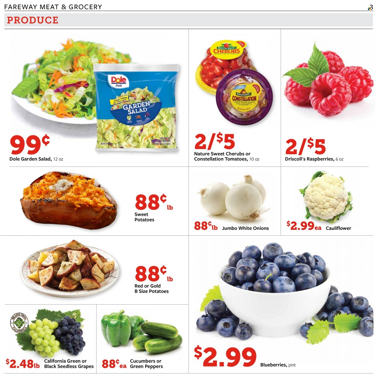 thumbnail - Fareway Flyer - 10/26/2021 - 11/01/2021 - Sales products - seedless grapes, cucumber, sweet potato, potatoes, onion, Dole, peppers, blueberries, grapes. Page 3.