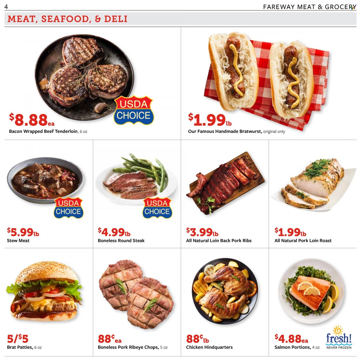 thumbnail - Fareway Flyer - 10/26/2021 - 11/01/2021 - Sales products - stew meat, salmon, seafood, bacon, bratwurst, beef meat, steak, beef tenderloin, round steak, pork loin, pork meat, pork ribs. Page 4.