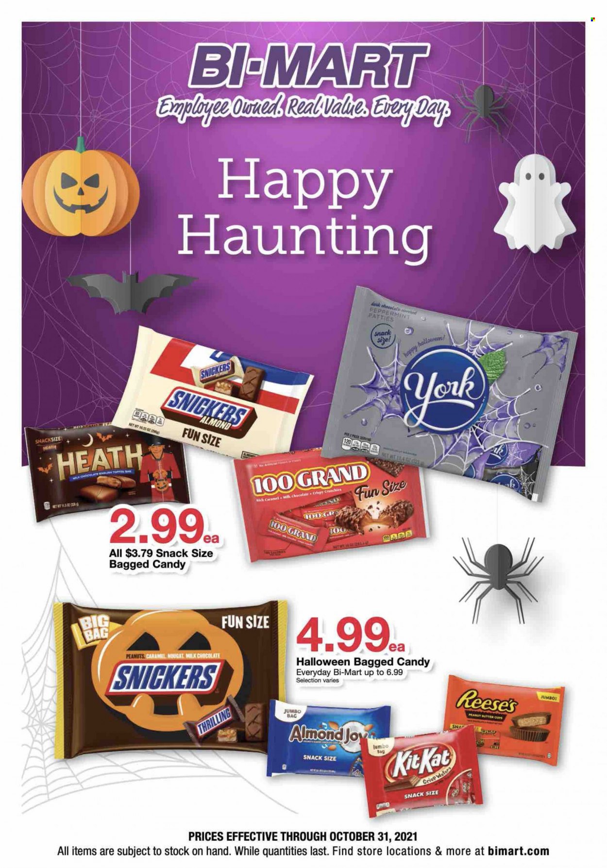 thumbnail - Bi-Mart Flyer - 10/20/2021 - 10/31/2021 - Sales products - Halloween, Reese's, milk chocolate, wafers, chocolate, snack, Snickers, KitKat, nougat, peanut butter cups, caramel, peanuts, Joy, bag. Page 1.