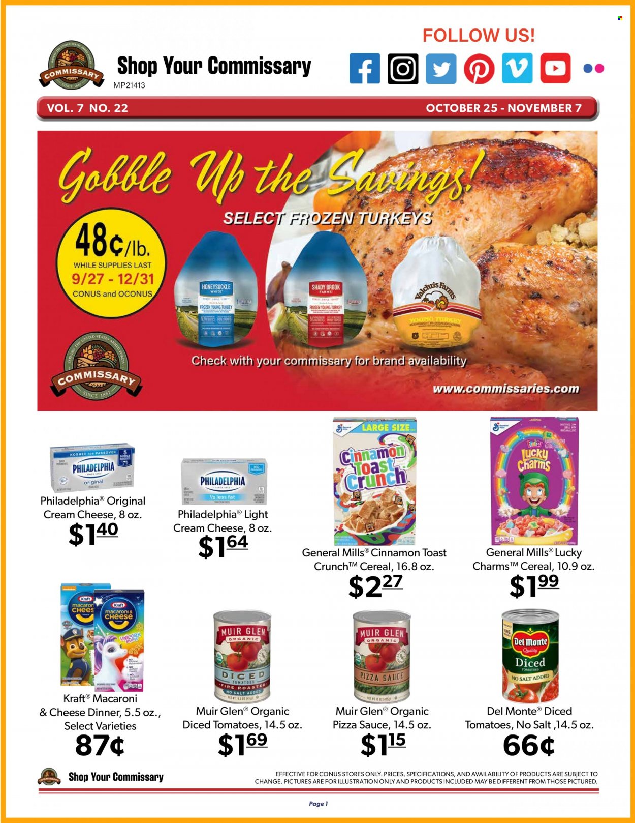 thumbnail - Commissary Flyer - 10/25/2021 - 11/07/2021 - Sales products - macaroni, Kraft®, cream cheese, Philadelphia, cereals, cinnamon. Page 1.