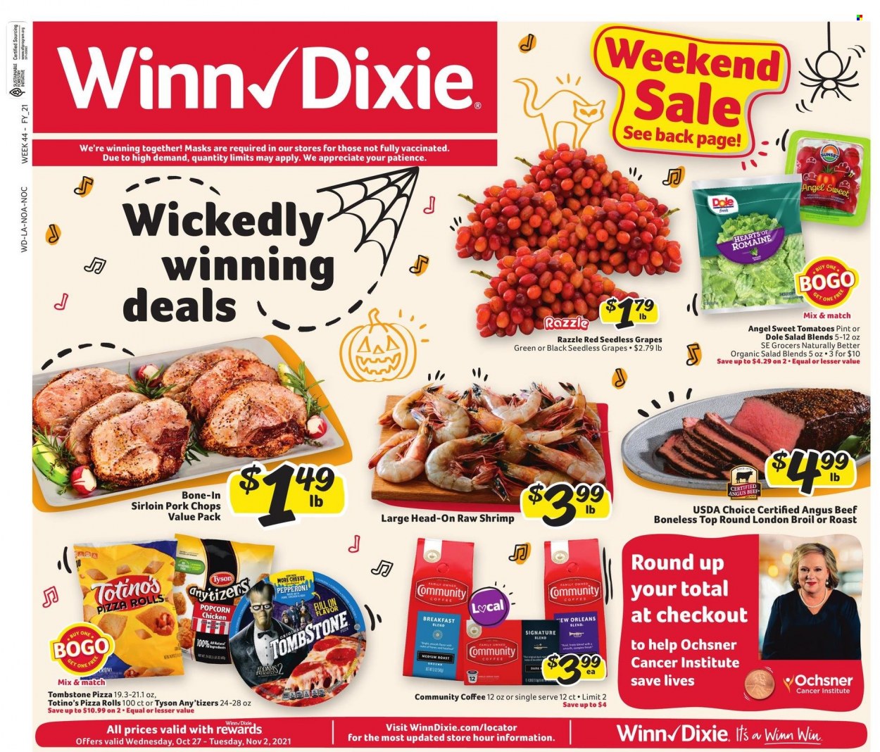 thumbnail - Winn Dixie Flyer - 10/27/2021 - 11/02/2021 - Sales products - seedless grapes, pizza rolls, salad, Dole, grapes, shrimps, pizza, pepperoni, coffee, beef meat, pork chops, pork meat. Page 1.