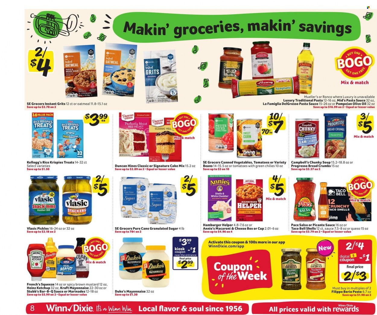 thumbnail - Winn Dixie Flyer - 10/27/2021 - 11/02/2021 - Sales products - breadcrumbs, cake mix, beans, corn, sweet corn, Campbell's, macaroni & cheese, spaghetti, hot dog, pasta sauce, soup, cheeseburger, Progresso, Annie's, Kraft®, butter, mayonnaise, snack, Kellogg's, granulated sugar, oatmeal, grits, dried tomatoes, Heinz, pickles, canned vegetables, clam chowder, Rice Krispies, esponja, dill, mustard, ketchup, pesto, salsa, olive oil, oil, cup. Page 8.
