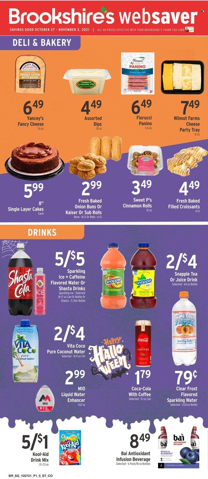 thumbnail - Brookshires Flyer - 10/27/2021 - 11/02/2021 - Sales products - cake, croissant, buns, cinnamon roll, onion, salami, gouda, cheese, Coca-Cola, juice, coconut water, Snapple, flavored water, sparkling water, tea, coffee. Page 1.